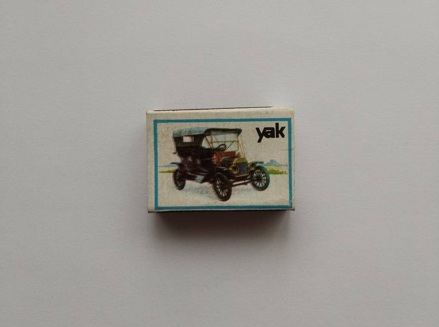 “YAK” vintage automobile illustrated matchbox; classic early 20th century car artwork