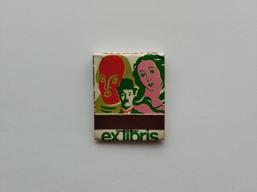 “Ex Libris” artistic matchbox featuring stylized portraits in pop-art style; cultural/literary theme design.
