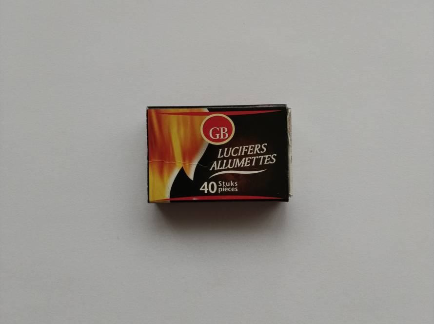 Standard retail matchbox branded GB Lucifers Allumettes, containing 40 matches, with environmental and recycling information printed on the back.