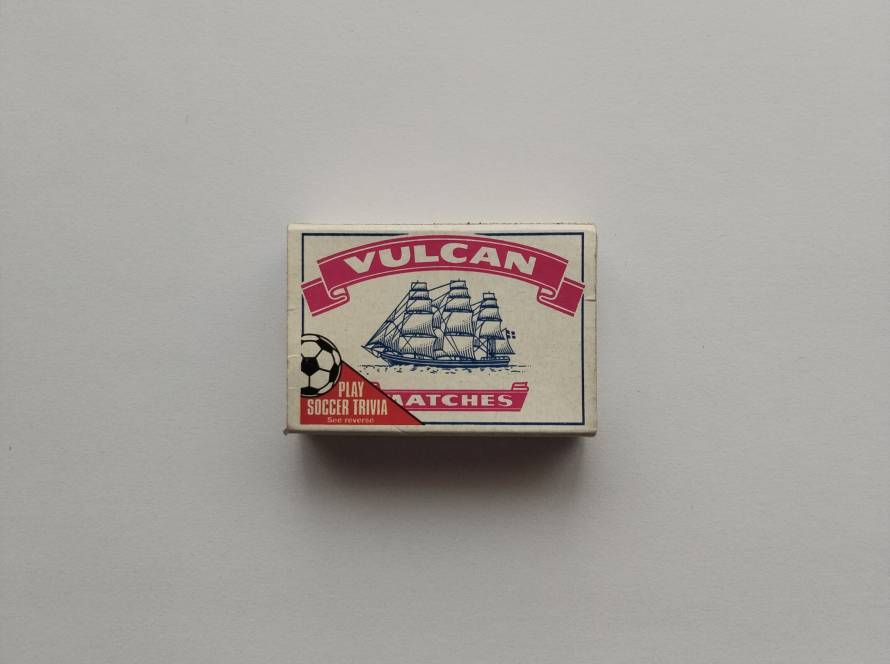Vulcan Matches box featuring a sailing ship illustration and a “Play Soccer Trivia” promotion on the reverse side with football knowledge questions. Produced for Swedish Match UK sales.
