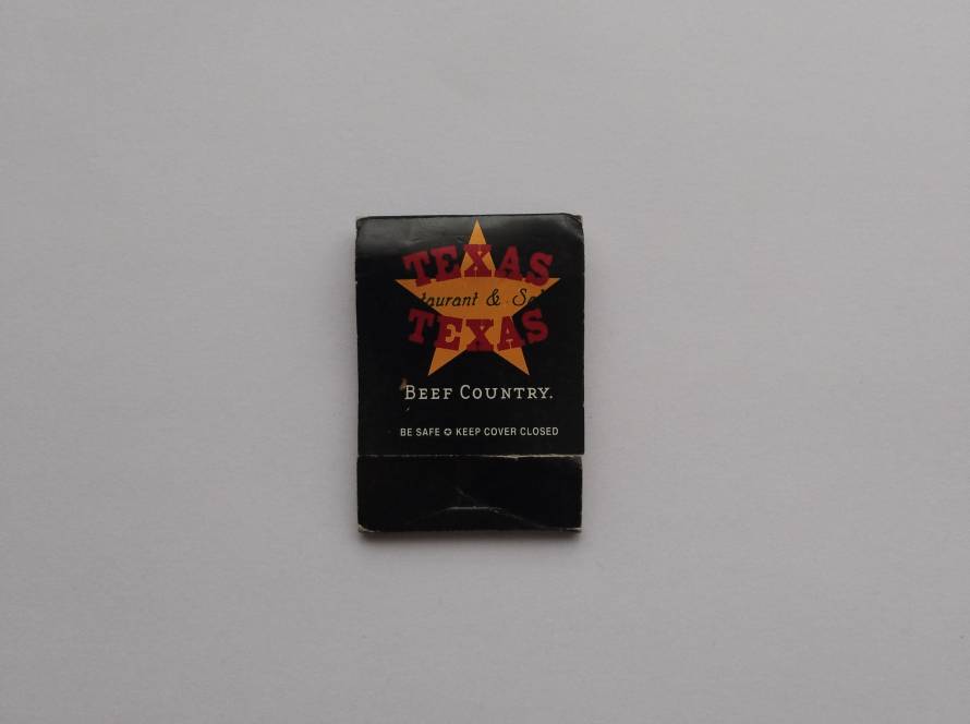Matchbook for Texas Restaurant & Steakhouse (Beef Country) near Times Square, New York. Reverse shows Broadway/48th Street location and phone number.