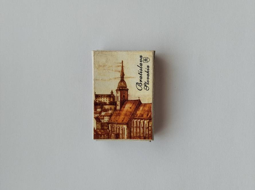 Sepia-style Bratislava landmark illustration; classic tourist souvenir design.