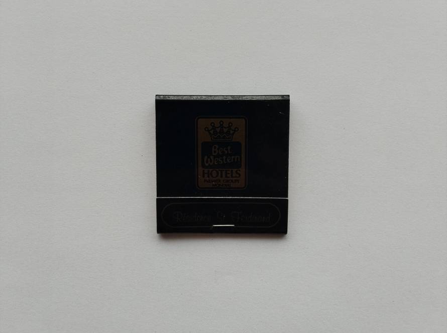 Best Western Hotels promotional matchbox for “Hôtel Résidence Saint Ferdinand,” Paris. Dark elegant design with gold logo; reverse includes full Paris address and telephone details.