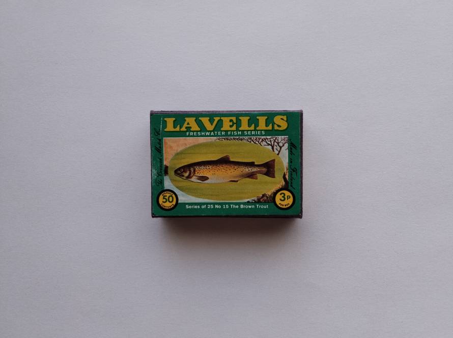 “Lavells Freshwater Fish Series – Brown Trout” featuring a detailed fish illustration; classic educational nature theme.