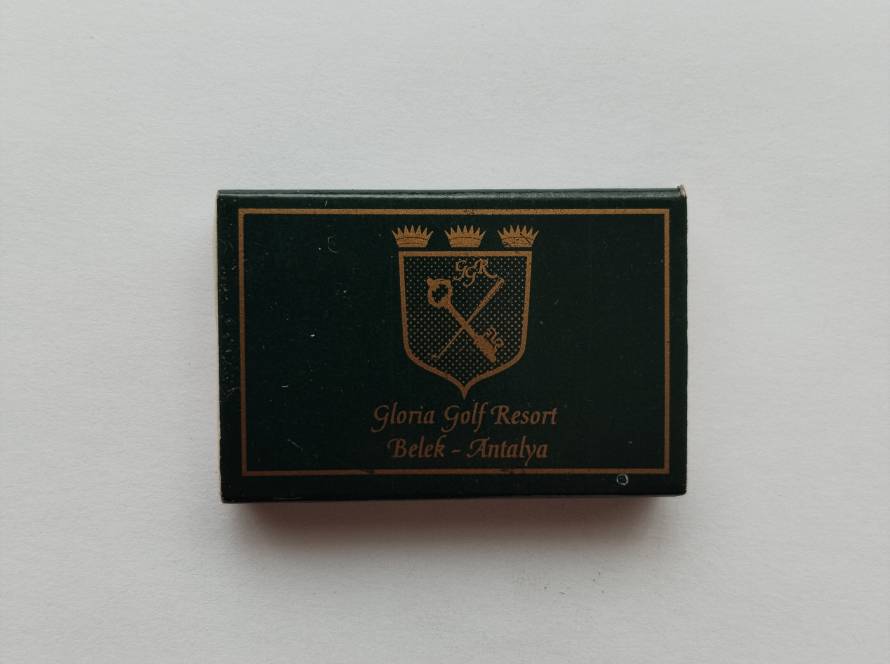 Gloria Golf Resort (Belek, Antalya) branded matchbox; premium resort promotional item.