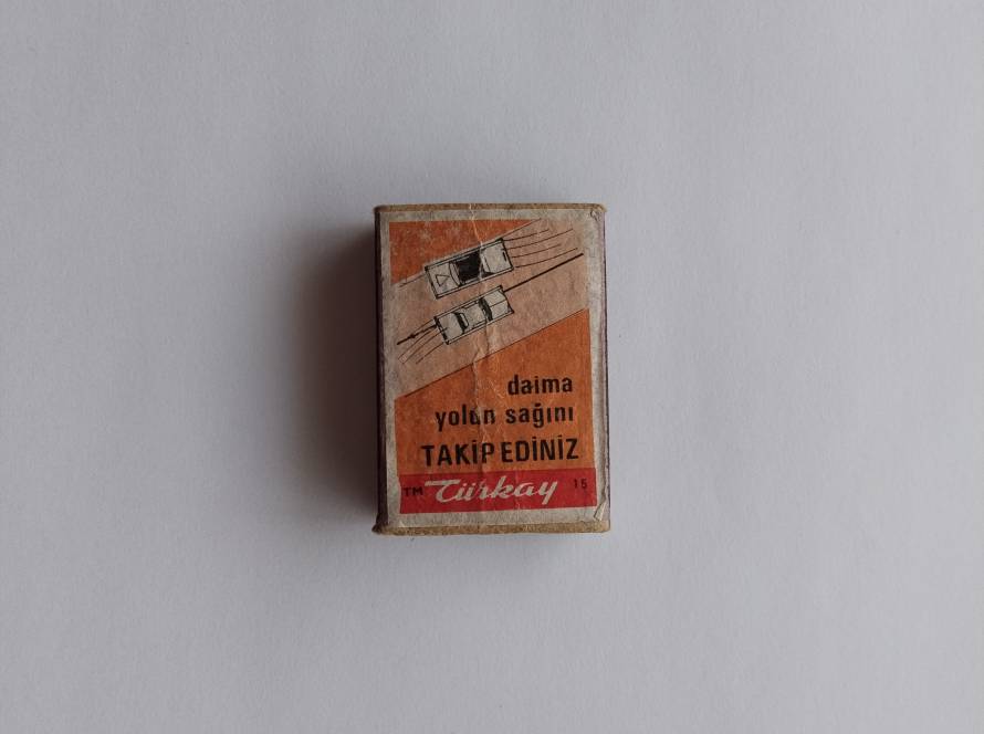 Turkish matchbox featuring a traffic safety message: “Always keep to the right side of the road.” Produced by Türkay.