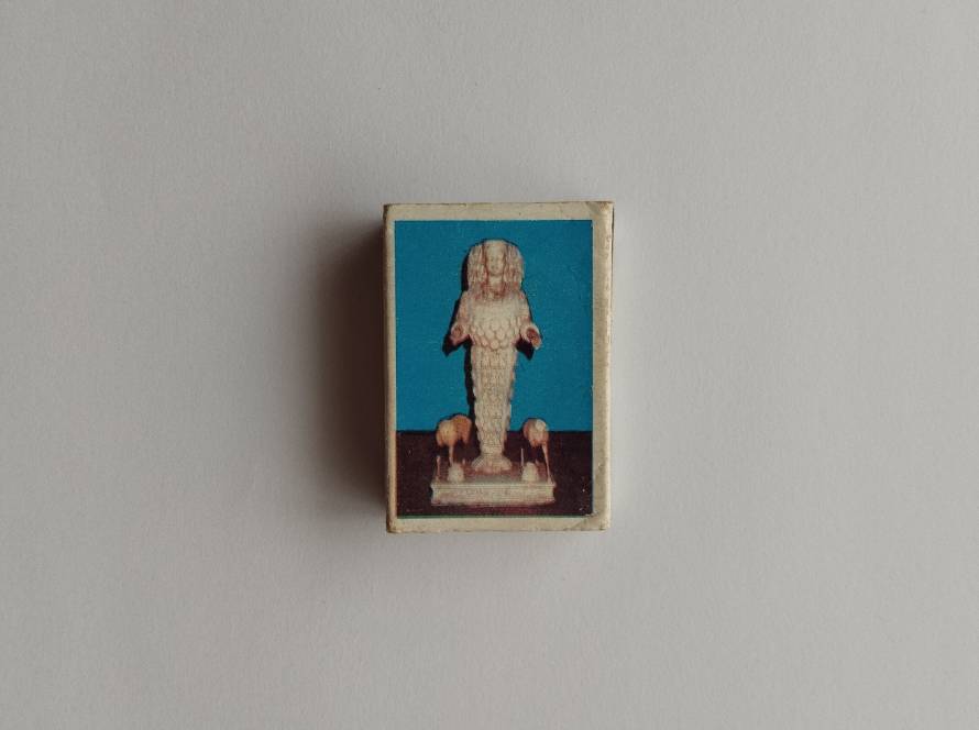 İnci museum series matchbox showing the Artemis Prosperity Goddess statue from Selçuk; reverse includes bilingual museum labeling and collectible numbering.