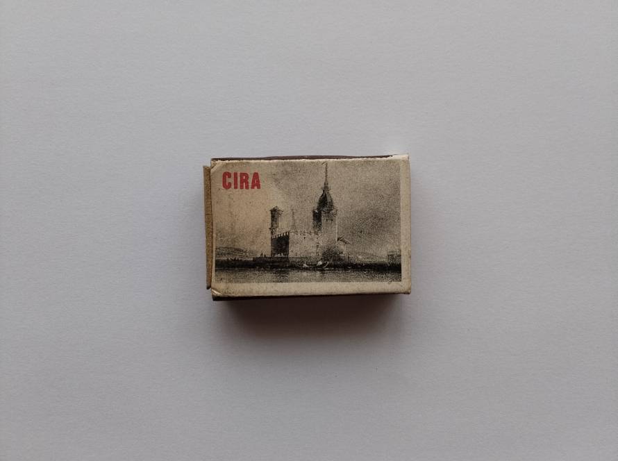 Vintage CIRA souvenir matchbox showing monochrome Galata Tower illustration on the Bosphorus shoreline.