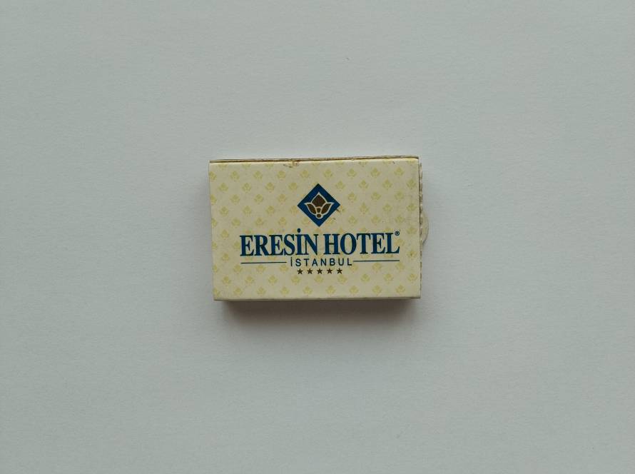 Eresin Hotel Istanbul promotional matchbox with decorative patterned background and hotel branding.