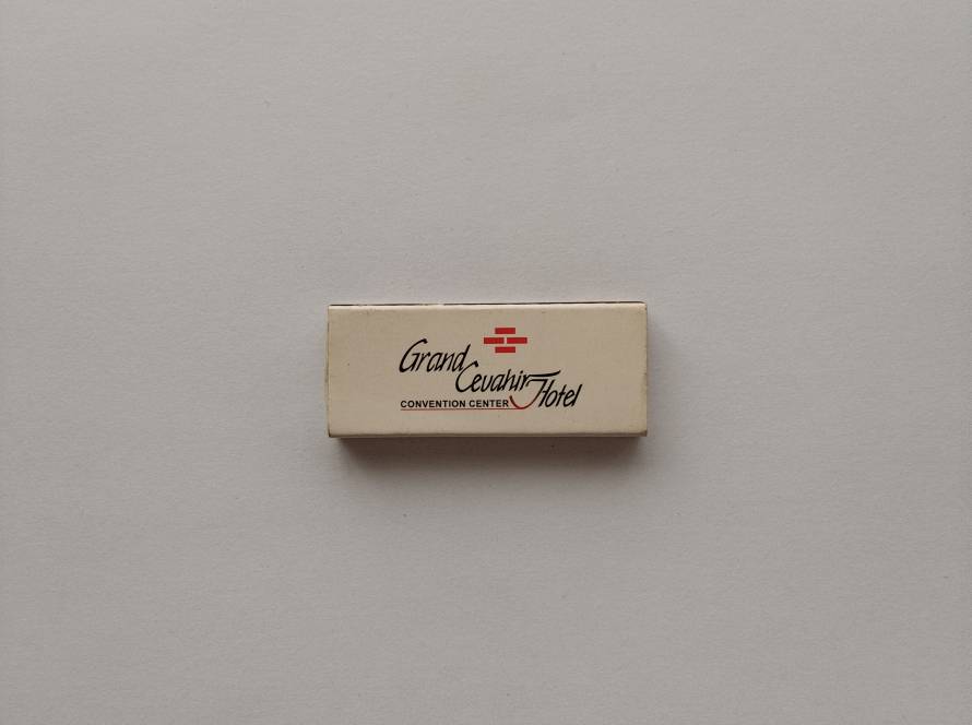 Grand Cevahir Convention Center Hotel promotional matchbox featuring corporate hotel branding and Istanbul contact information. A modern hospitality advertising collectible.
