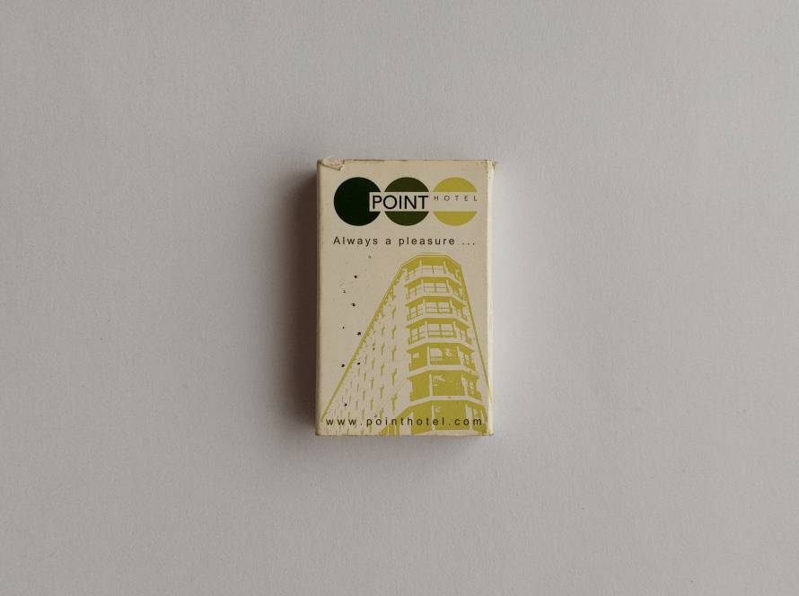 Point Hotel promotional matchbox featuring hotel branding, building illustration and contact details from Taksim, Istanbul.