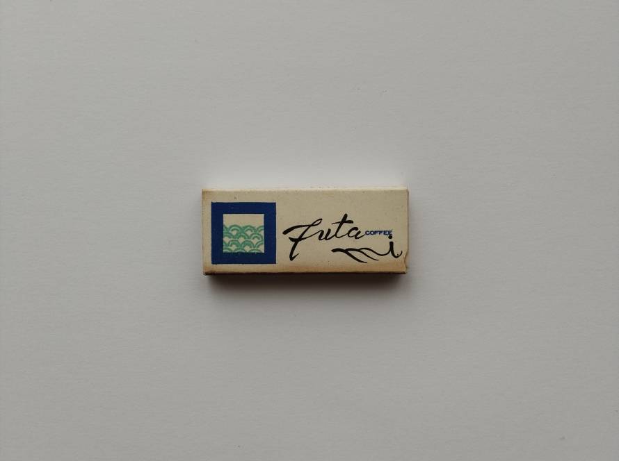 Vintage Japanese café advertising matchbox for Futami Coffee, decorated with traditional Japanese motifs and bilingual branding.