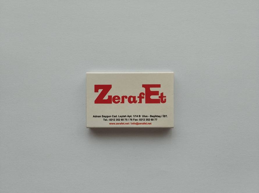 Advertising matchbox for Zerafet restaurant/cafe in Beşiktaş, Istanbul, displaying address, telephone and website details.
