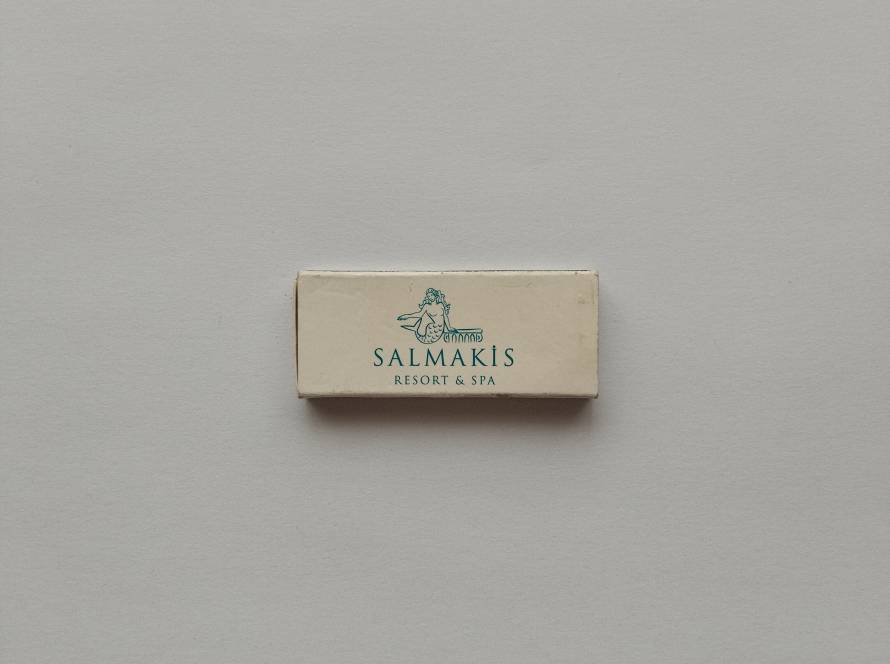 Promotional Salmakis Resort & Spa Bodrum safety matchbox with resort logo on the front and complete hotel contact details on the reverse.