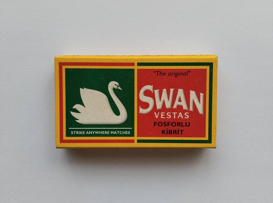 Swan Vestas Fosforlu Kibrit strike-anywhere matches by Swedish Match. Modern retail matchbox with iconic swan logo.
